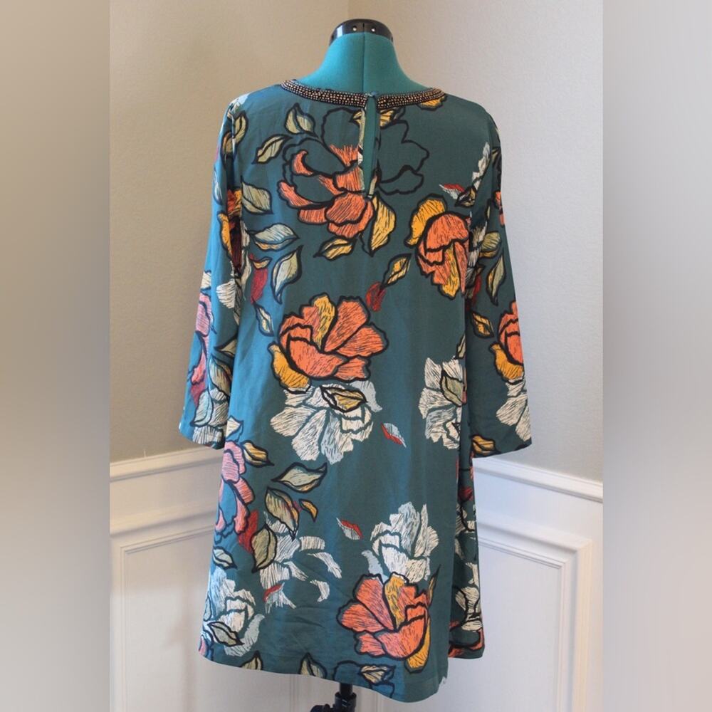 Maeve Anthropologie Teal Floral Dress Beaded Neckline | Women’s Medium | Mini - Picture 3 of 10
